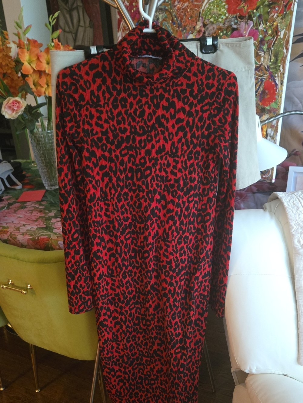 Zara Red and Black Leopard-Print Long Sleeve Dress
